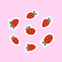 Set of strawberries on isolated background. Vector flat stickers illustration of berries