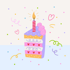 Birthday greeting card with piece of cake, candle and confetti. Vector flat illustration on isolated background