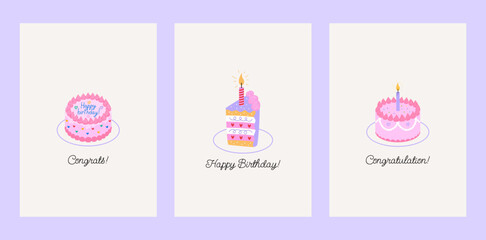 Set of minimalist greeting card with cute birthday cakes with candles and holiday inscriptions. Vector flat illustration
