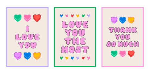 Posters with cute bubble lettering and hearts. I love you and thank you greeting cards. Vector illustration. Heart shaped colorful cakes