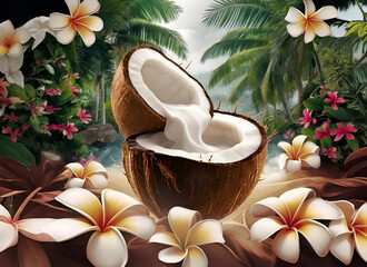 coconut cutting in half with milk around beautiful jungle background with plumeria flowers. conceptual didital artwork.  Ai generated.