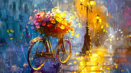 Colorful bicycle with flowers in a basket. Rainy city evening. Artistic impressionist painting style. Mood setting image for design use. AI