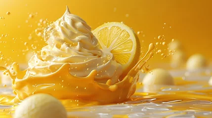 Fotobehang 3D of a Delicious Lemon Cream Lava Cyclone Dessert © sathon