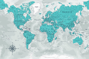 World Map - Highly Detailed Vector Map of the World. Ideally for the Print Posters. Sapphire Blue Green Grey Colors. With Relief and Depth - obrazy, fototapety, plakaty