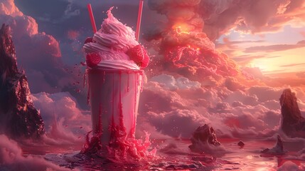 Delectable Strawberry Cream Lava Cycle: A Tempting Culinary Concept Art - obrazy, fototapety, plakaty