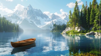 A tranquil mountain lake reflecting the snow-capped peaks above. Crystal clear water laps gently at the shore, where a lone wooden rowboat is moored. Lush pine forests surround the lake.3D rendering.