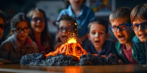 Excited Children Presenting Erupting Volcano Model at Science Fair Fascinated Spectators Watch in Awe as Lava and Sparks Burst Forth from the