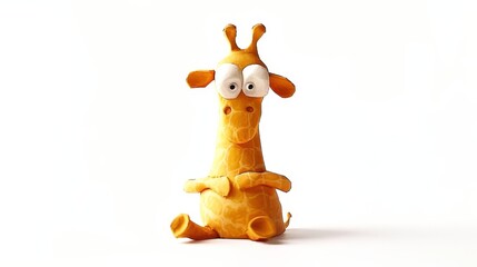   A tight shot of a white-backgrounded stuffed giraffe expressionizing surprise