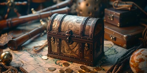 Intricately Carved Treasure Chest Sitting Atop Old Map Surrounded by Nautical Instruments and...