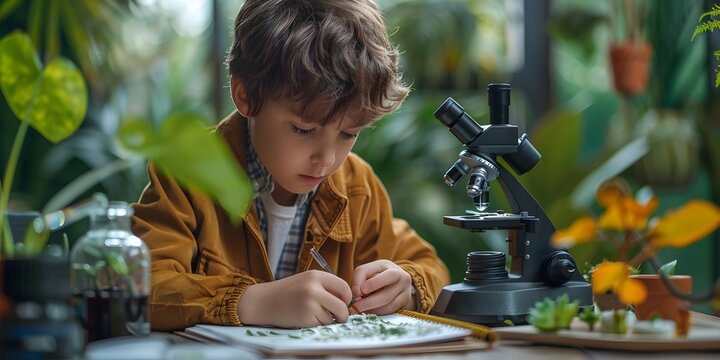 Young Scientist Studying Plant Cells through Microscope with Notebook of Drawings