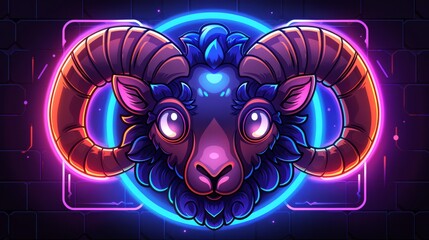   A ram's head with glowing eyes, situated in front of a brick wall A neon blue circle encircles the scene - obrazy, fototapety, plakaty