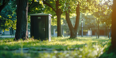 Biotoilet stall outside in the park, nobody. Improvement of public area, green public toilets. - obrazy, fototapety, plakaty