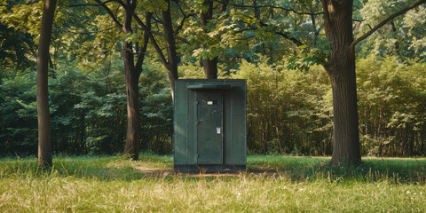 Biotoilet stall outside in the park, nobody. Improvement of public area, public toilets.