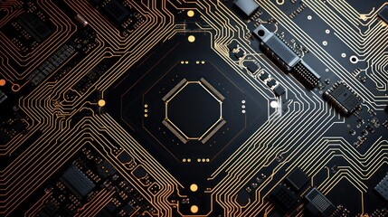 Top-down view. Modern technology circuit board texture background design. 
