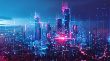 Fototapeta premium cityscape with space and neon light effect. Modern hi-tech, science, futuristic technology concept. Abstract digital high tech city design for banner background