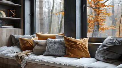 Detail shot of a cozy window seat with plush cushions in a reading nook, modern interior design, scandinavian style hyperrealistic photography