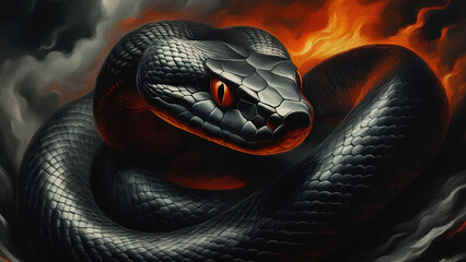 Mystical Black Snake in a fiery cloud