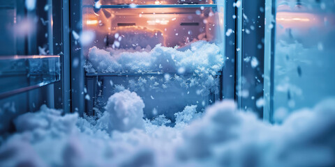 Open refrigerator freezer door with snow inside. Defrosting of the freezer, appearance of snow in the refrigerator.