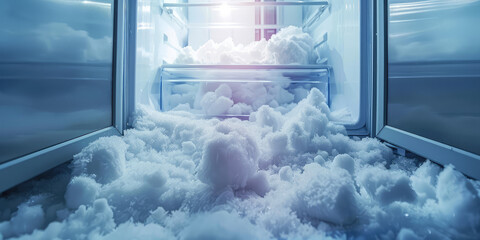 Open refrigerator freezer door with snow inside. Defrosting of the freezer, appearance of snow in the refrigerator. - obrazy, fototapety, plakaty