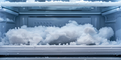 Open silver refrigerator freezer door with snow inside. Defrosting of the freezer, appearance of snow in the refrigerator.