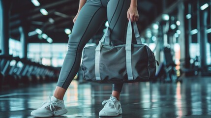 fit sporty woman in sportswear with gym bag wearing toned yoga pants and sneakers getting ready for exercise session at gym, lifestyle, fitness, healthy, fit, workout, jogger - obrazy, fototapety, plakaty