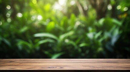 Wood tabletop podium floor in outdoors tropical garden forest 