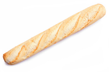 Whole French baguette, top view isolated on a white background