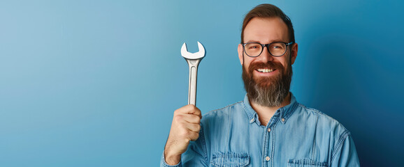 Smiling plumber man holding a adjustable wrench in his hand on colored background with copy space. Banner template for the site of plumbing services.
