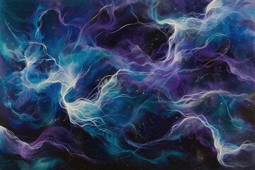 Colorful painting of a nebula with bright white and blue colors against a dark purple background.