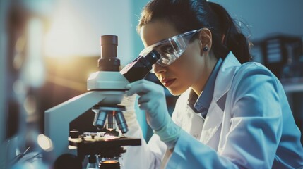 Scientist analyze biochemical samples in advanced scientific laboratory. Medical professional use microscope look microbiological developmental of viral. Biotechnology research in science lab. - obrazy, fototapety, plakaty