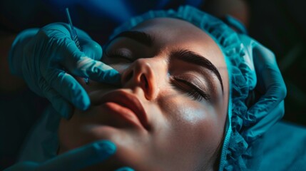 plastic surgery, beauty, Surgeon or beautician touching woman face, surgical procedure that involve altering shape of nose, doctor injection to prepare for rhinoplasty, medical assistance, health - obrazy, fototapety, plakaty