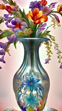 A digital painting of vibrant, multicolored flowers in an elegantly decorated vase, creating a sense of beauty and harmony.