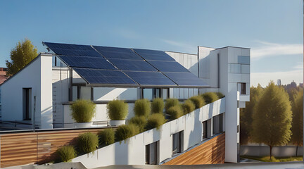 A Modern eco friendly passive house with solar panels on rooftop. Home solar panel. Solar panels on roof of modern apartment building in city with clear sky, board - obrazy, fototapety, plakaty