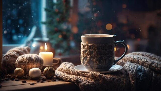 Cozy coffee cup near window snowfall in winter