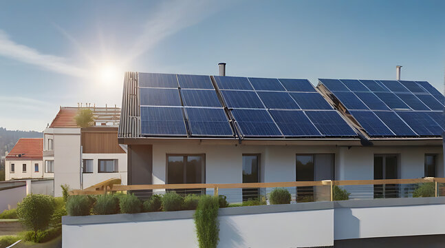 A Modern eco friendly passive house with solar panels on rooftop. Home solar panel. Solar panels on roof of modern apartment building in city with clear sky, house