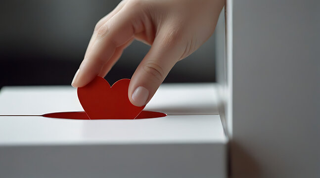 Closeup of Female hand putting red paper heart into a slot of white donation box. Charity, donation, fundraising, help, love, gratitude concept, with selective focus, ballet
