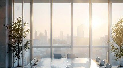 Modern Office Space at Sunrise with Cityscape View, A Tranquil Work Environment Setup. AI