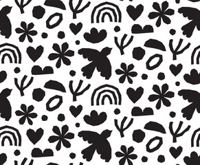 Abstract seamless pattern with geometric doodles. Vector flat black and white background with simple shapes.	