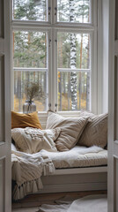 Detail shot of a cozy window seat with plush cushions in a reading nook, scandinavian style interior