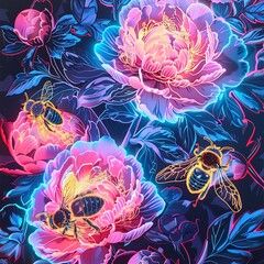 Pop art peonies, neon glow, robotic bees pollinating, cybernetic nature, 2D. - obrazy, fototapety, plakaty