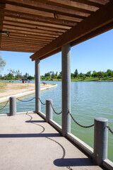 Kiwanis park lake as seen from inside of front water docking pier gazebo, Tempe, Arizona 