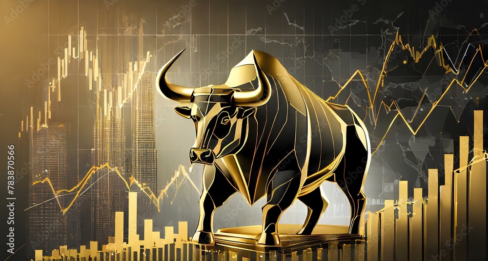 Wall mural bull and bear financial infograhic stock market chart award in gold and black color with copyspace a - Wall murals