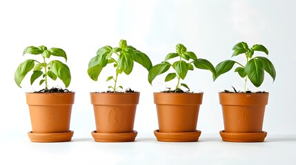 Potted Basil Plants Lined Up in Growth Stages. Simple Home Gardening Concept. Greenery and Nature indoors. Over white background. AI