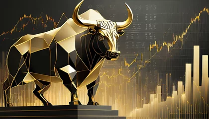 Schilderijen op glas bull and bear financial infograhic stock market chart award in gold and black color with copyspace area as wide banner. © R-CHUN