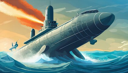 Generic military nuclear submarine floating in the middle of the ocean while shooting an undersea torpedo missile.