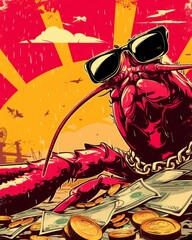 poor lobster in the style of 2d illustration, with gold chain, and gold sunglasses, poster,vivid color,swag, pile of money and gold, money rain