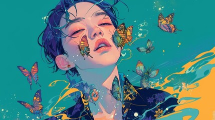 Captured with masterful strokes, behold a mesmerizing portrait: a man surrounded by fluttering butterflies, his face painted with vibrant hues, emanating tranquility and beauty - obrazy, fototapety, plakaty