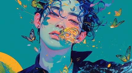 Naklejka premium Captured with masterful strokes, behold a mesmerizing portrait: a man surrounded by fluttering butterflies, his face painted with vibrant hues, emanating tranquility and beauty