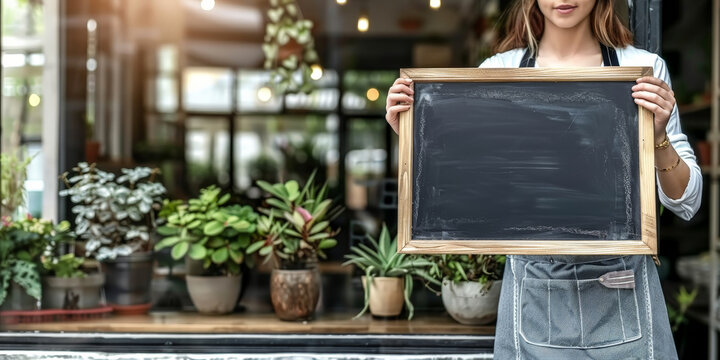 a close up of woman  gardener hanging up chalkboard sign on the door to her garden center shop, Advertising Poster banner mockup template