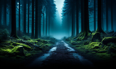 Haunting Mist-Veiled Path Through Enigmatic Nocturnal Woodland - obrazy, fototapety, plakaty